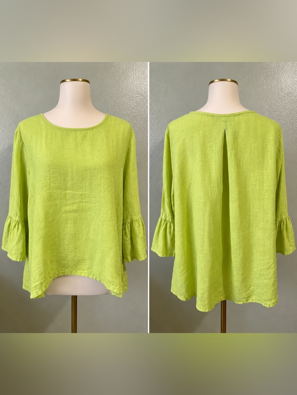 Bryn Walker Lagenlook Chartreuse Linen Ruffle Sleeve High Low Tunic Top USA Chic